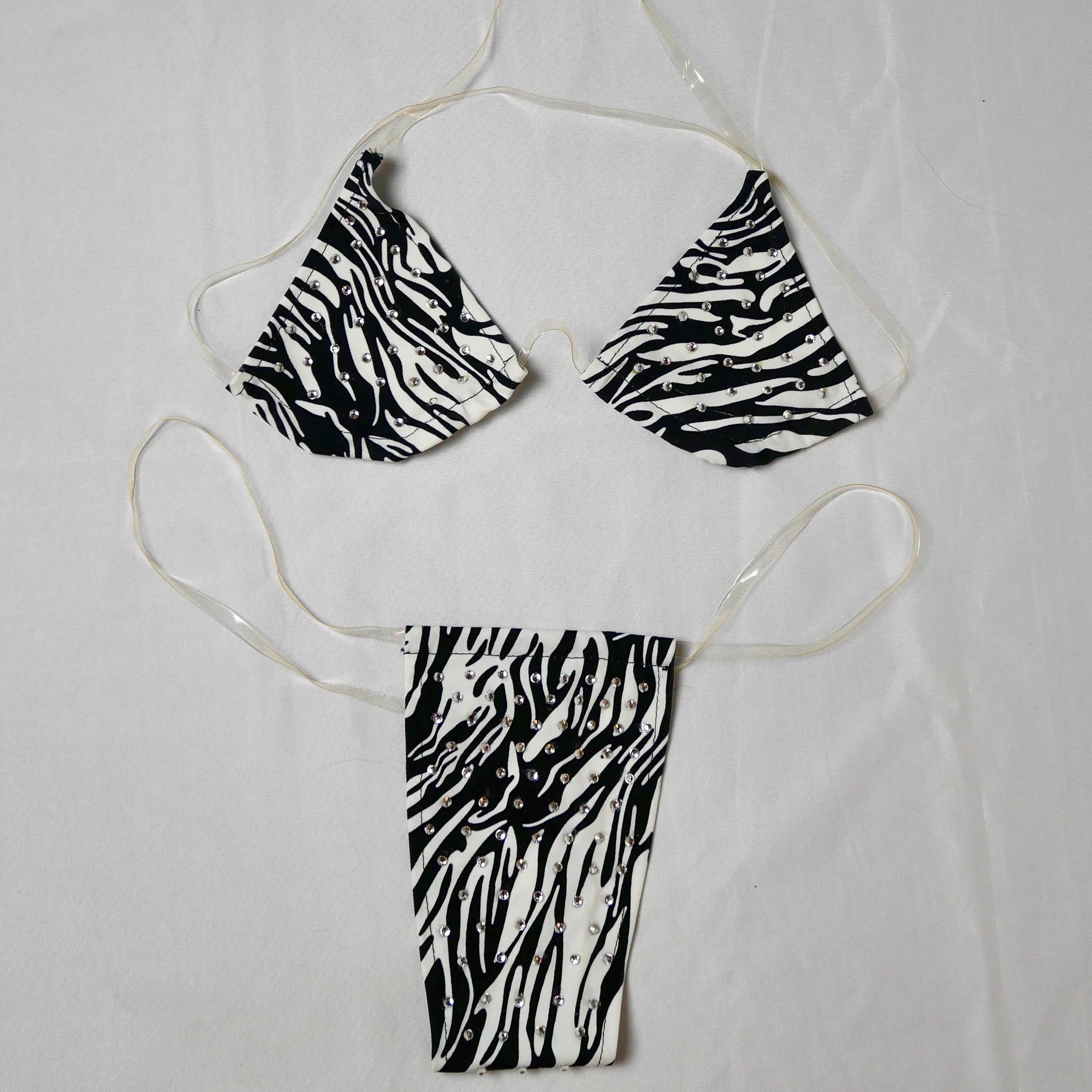 Zebra Print Invisible Strap Bedazzled Triangle Bikini