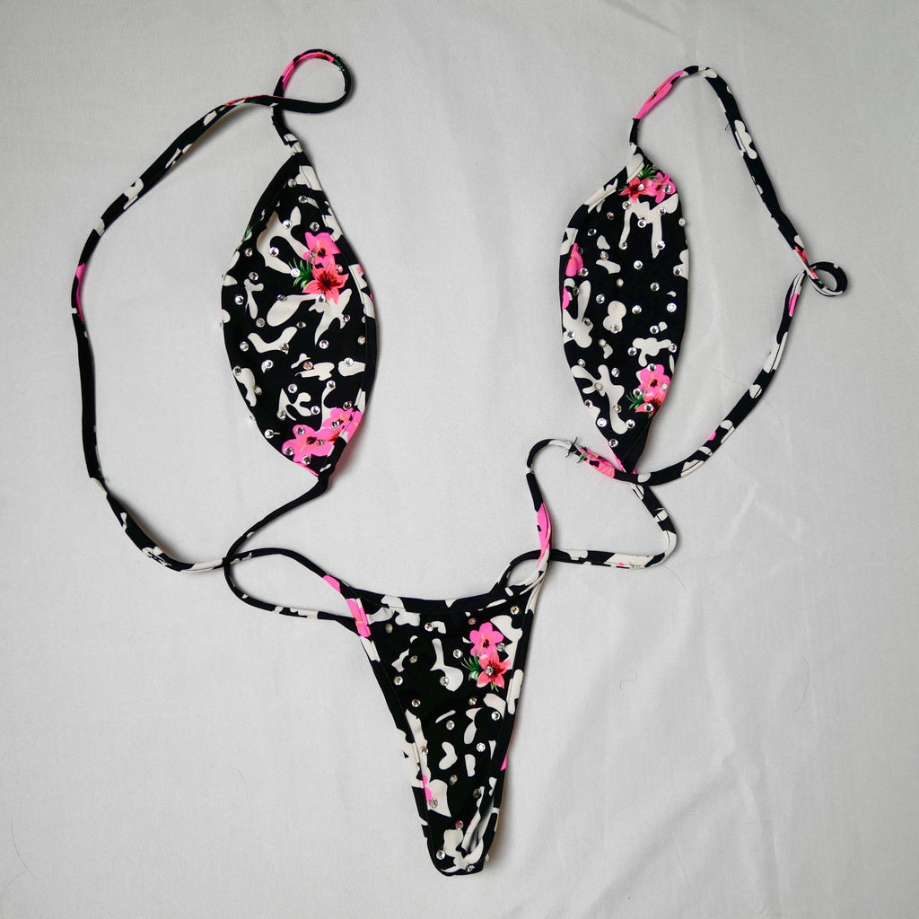 Hibiscus Print Bedazzled One Peice Stripper/Bottlegirl Outfit