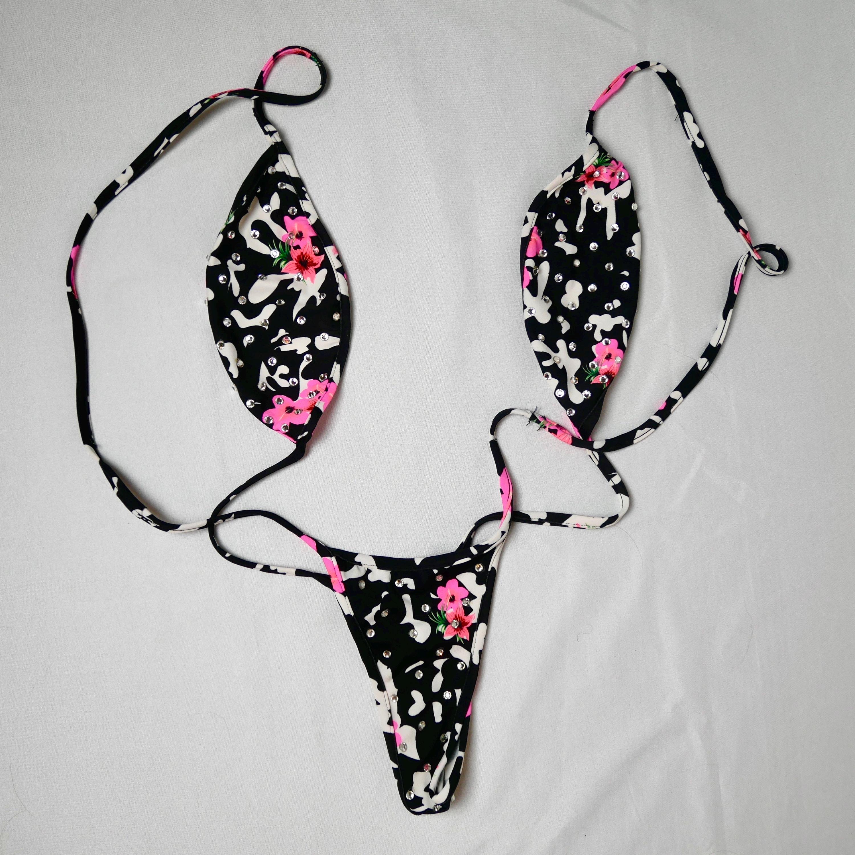 Hibiscus Print Bedazzled One Peice Stripper/Bottlegirl Outfit